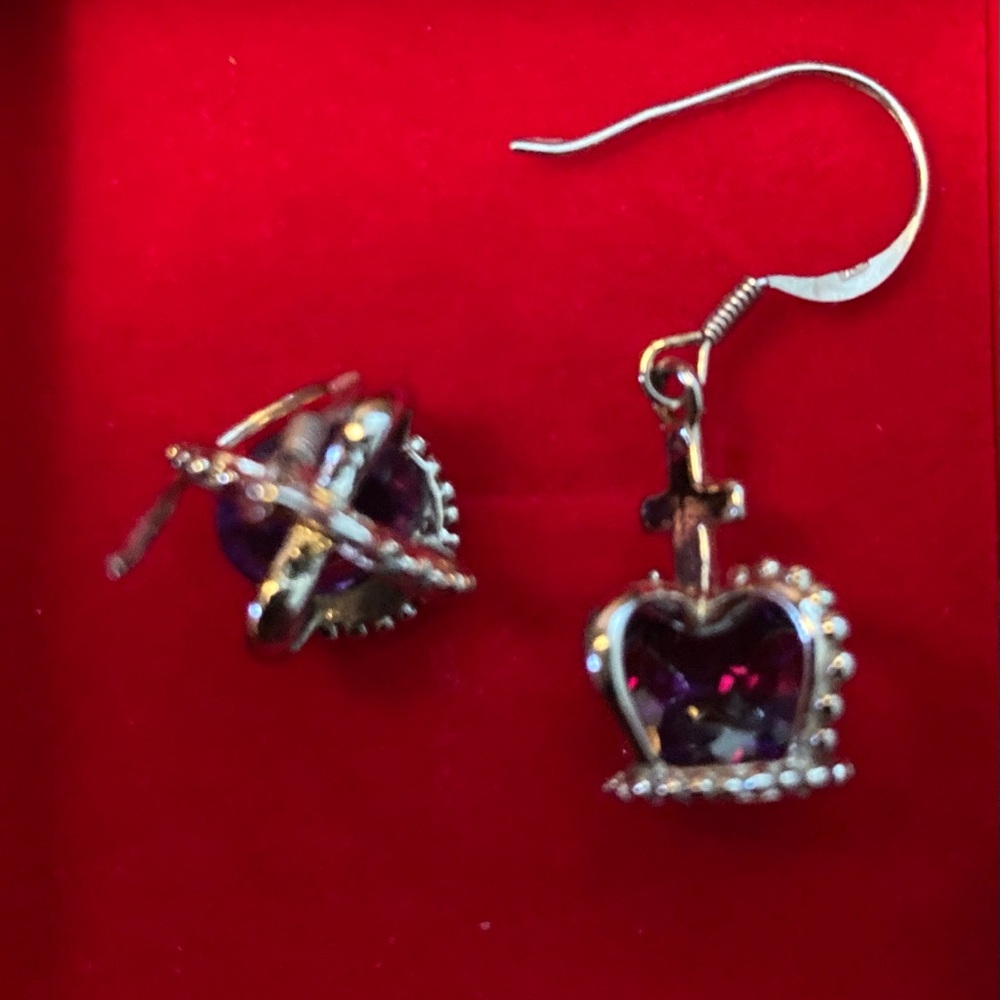 925 Silver Dangle Crown Earrings with Purple Jewels&Silver Toned CZ Bracelet - Picture 3 of 11